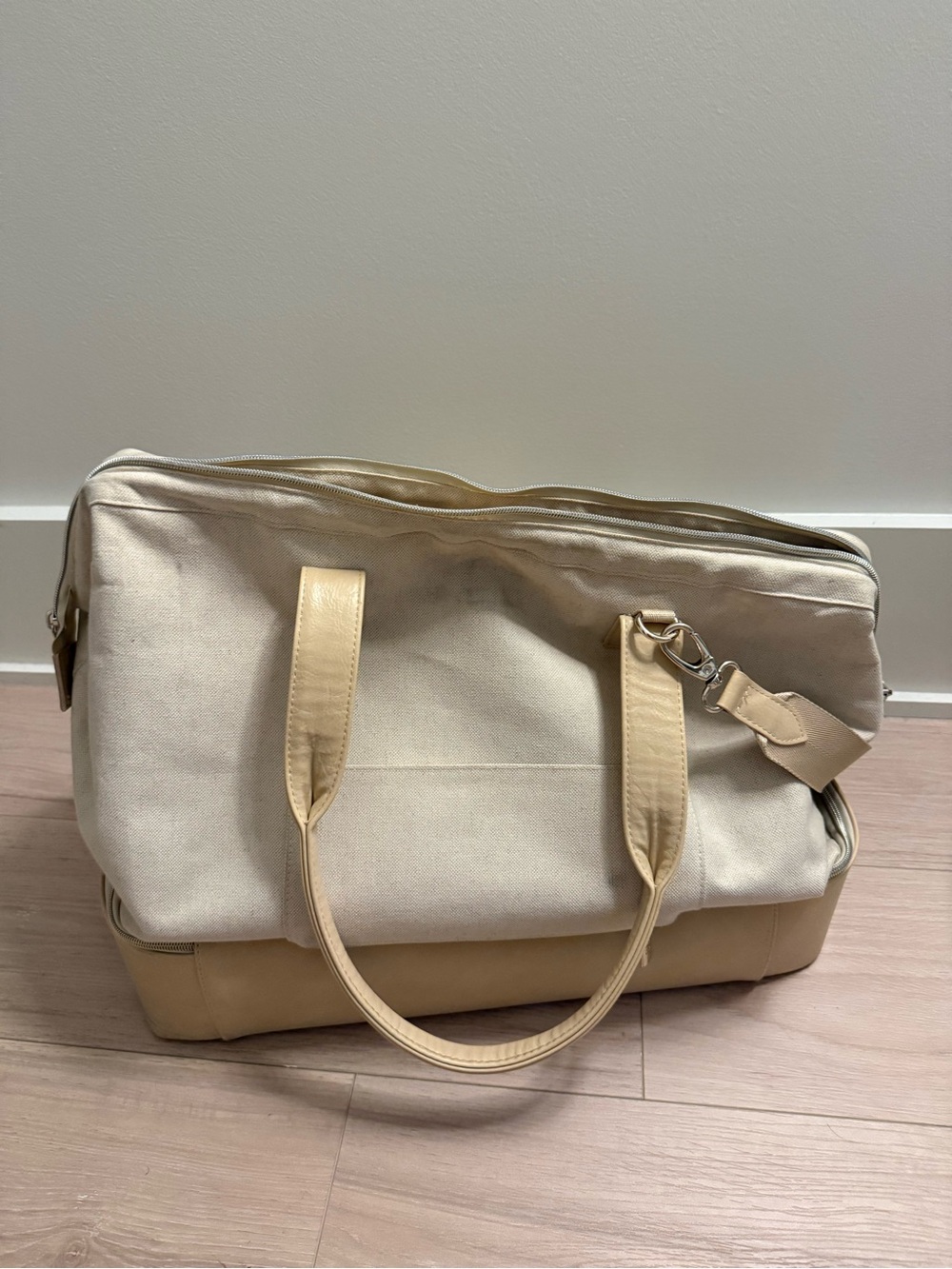 BEIS Cream Canvas Travel Duffel with Tan Trim